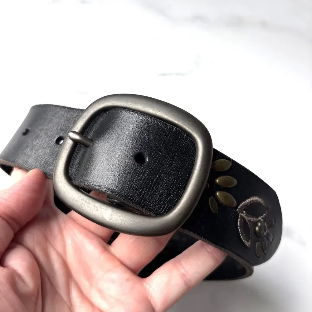 FOSSIL Black Leather Belt Artsy Metal Floral Stud Detail Boho Western Women’s M